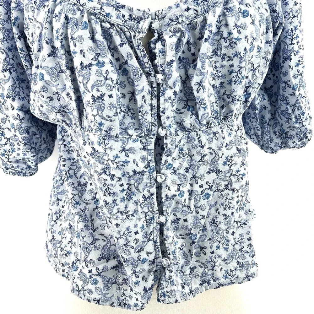 Cottagecore Blue Floral Peasant Top L Petite‎ Puff Sleeve Milkmaid Boho Romantic